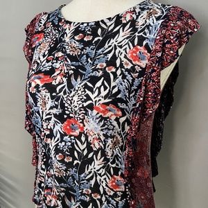 Lucky Brand Floral Ruffle Short Sleeve Top Buttons Up the Back Size XS